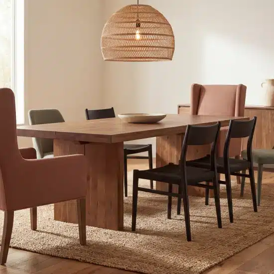 Dining room with wooden table, assorted chairs, pendant light, and decorative vases on a sideboard