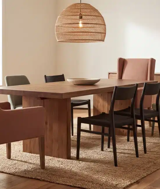 Dining room with wooden table, assorted chairs, pendant light, and decorative vases on a sideboard