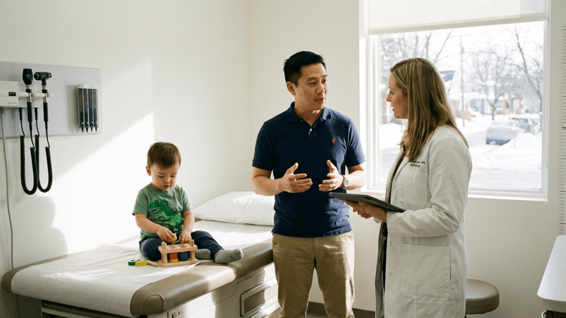 parent discussing toddler vomiting symptoms with pediatrician