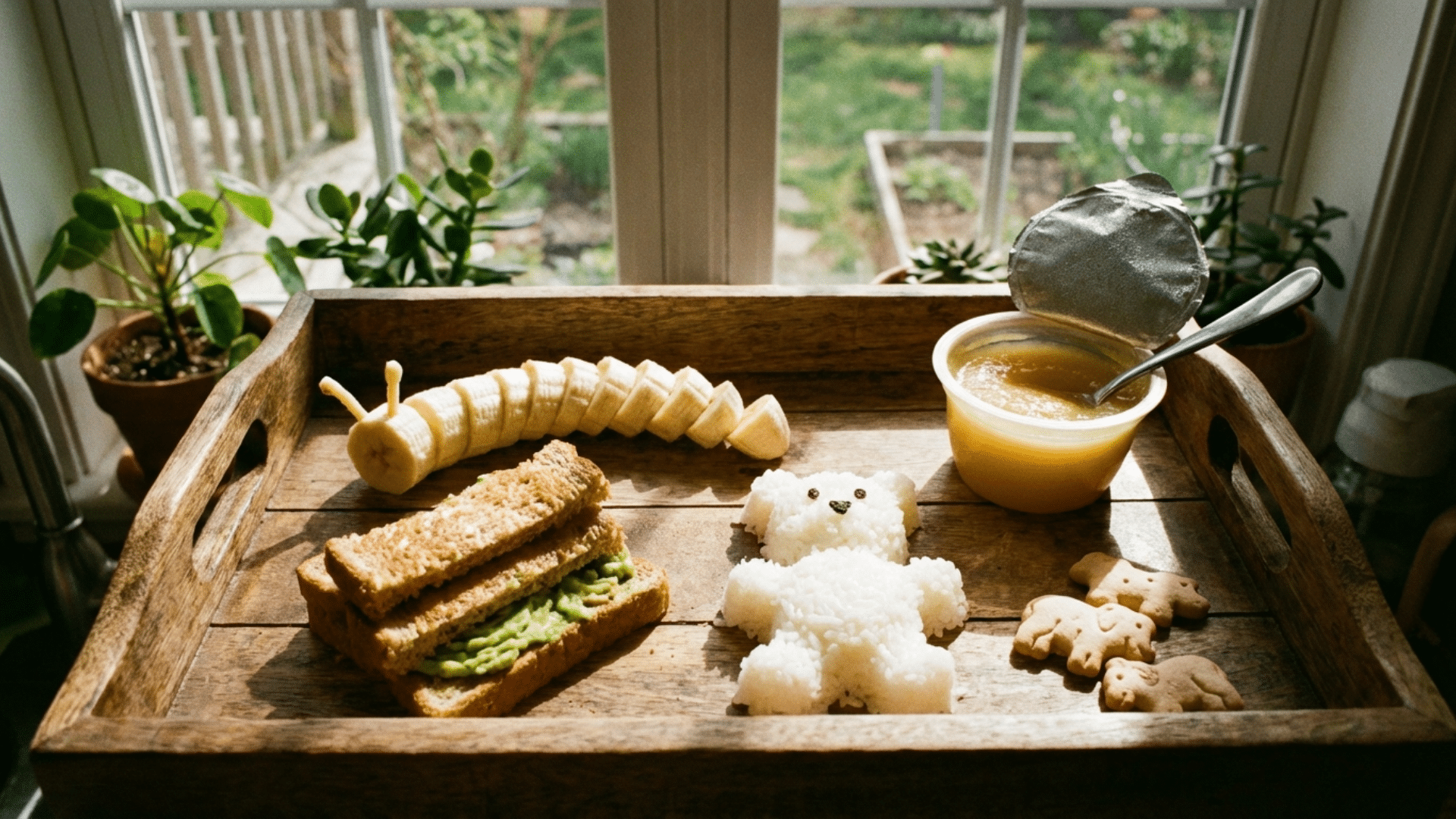simple toddler meal on table including bananas, toast, rice, applesauce and crackers