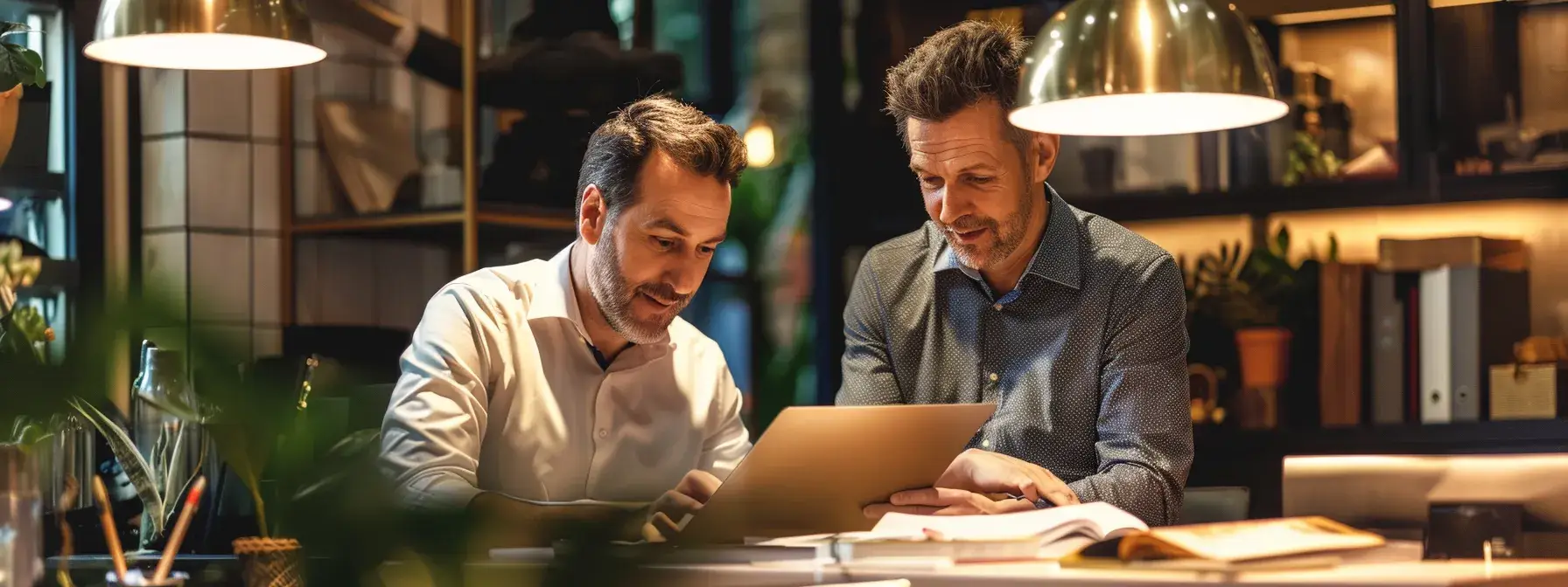 Two men collaborating over a laptop in a warmly lit office setting