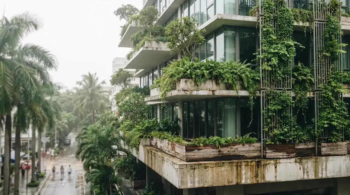 Modern building with lush green plants on balconies in urban outdoor setting
