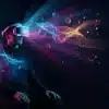 Person wearing VR headset with colorful digital graphics in dark futuristic setting