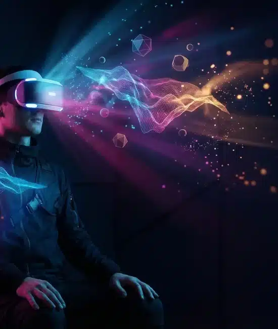 Person wearing VR headset with colorful digital graphics in dark futuristic setting