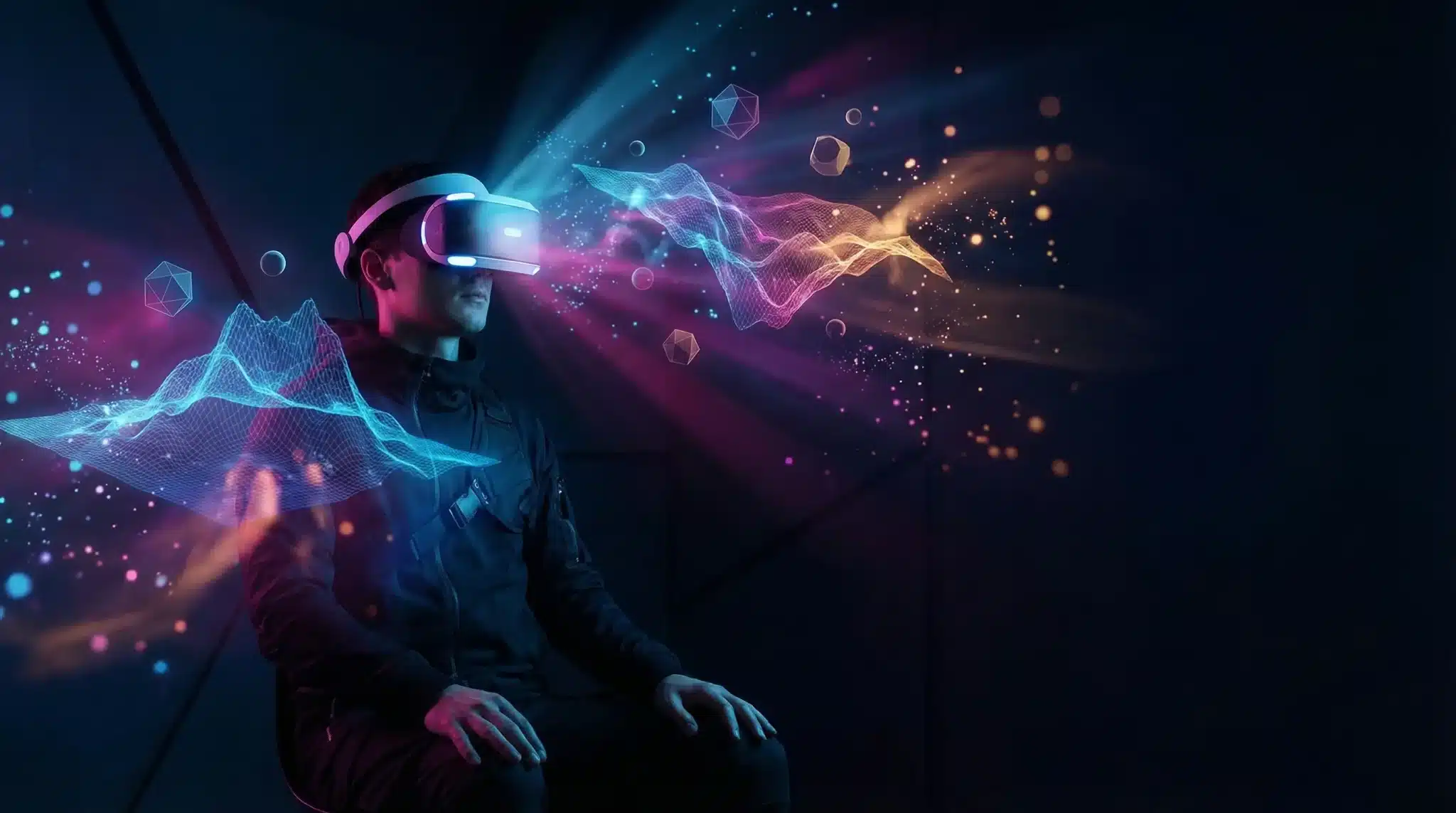 Person wearing VR headset with colorful digital graphics in dark futuristic setting