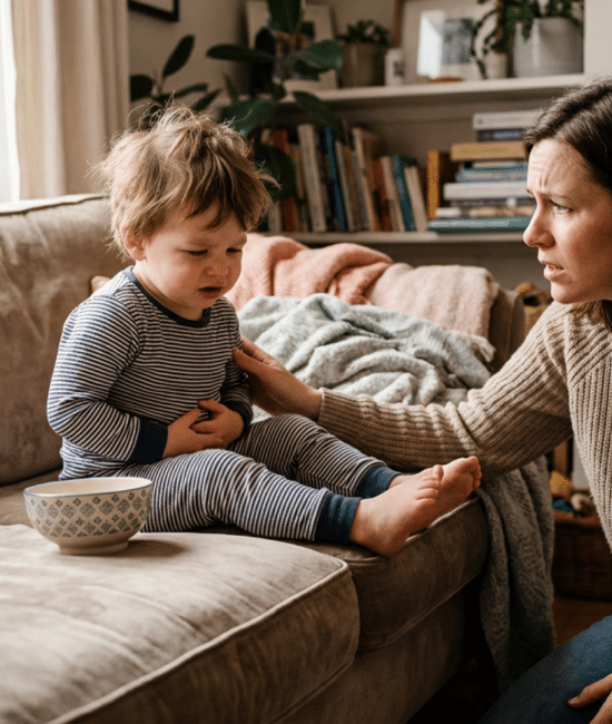 toddler feeling sick and vomiting with parent nearby at home