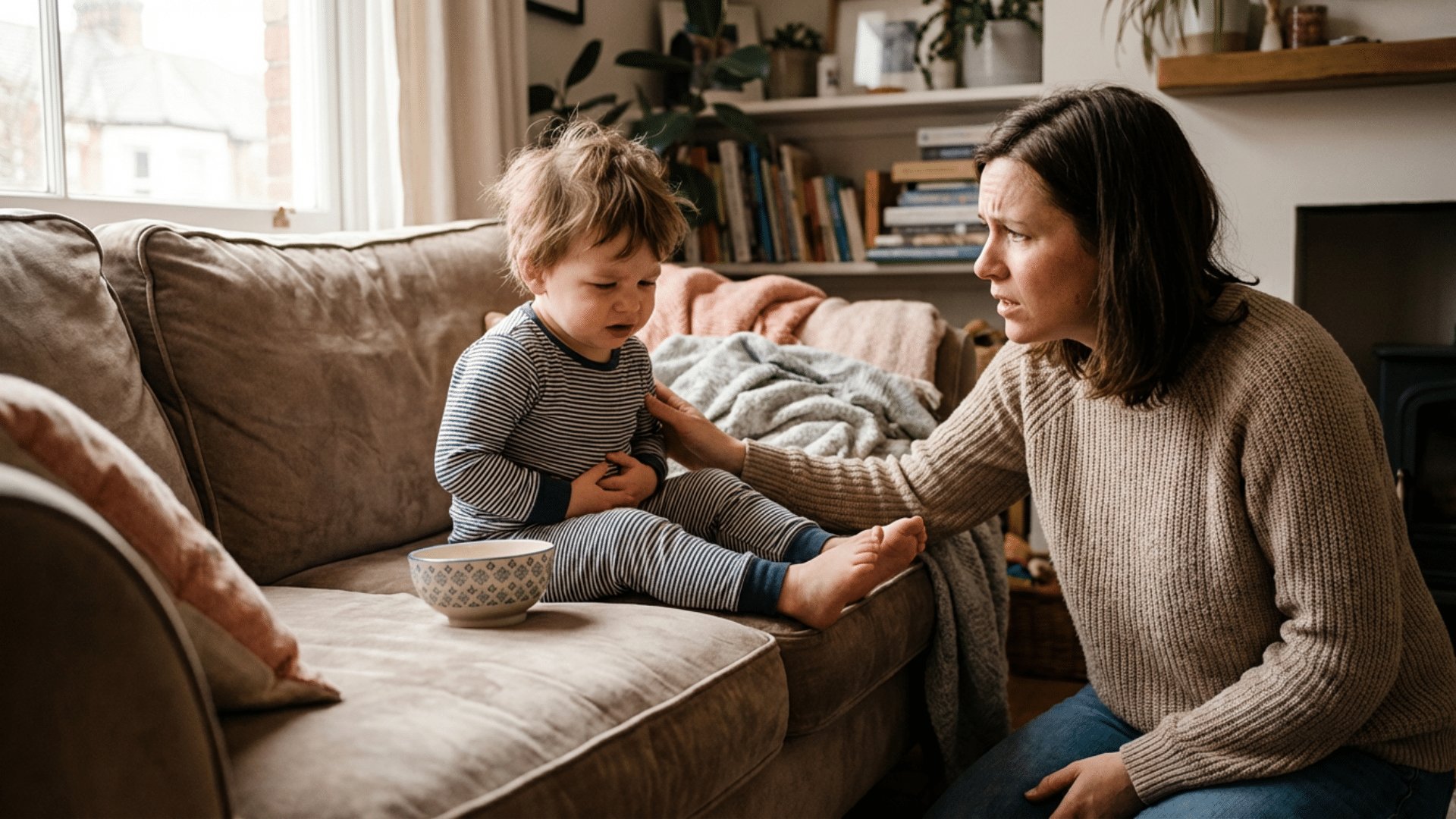 toddler feeling sick and vomiting with parent nearby at home
