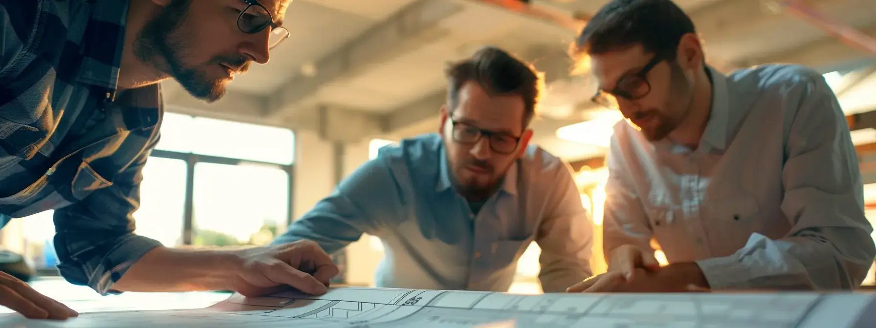 Three men reviewing architectural blueprints in a brightly lit office setting