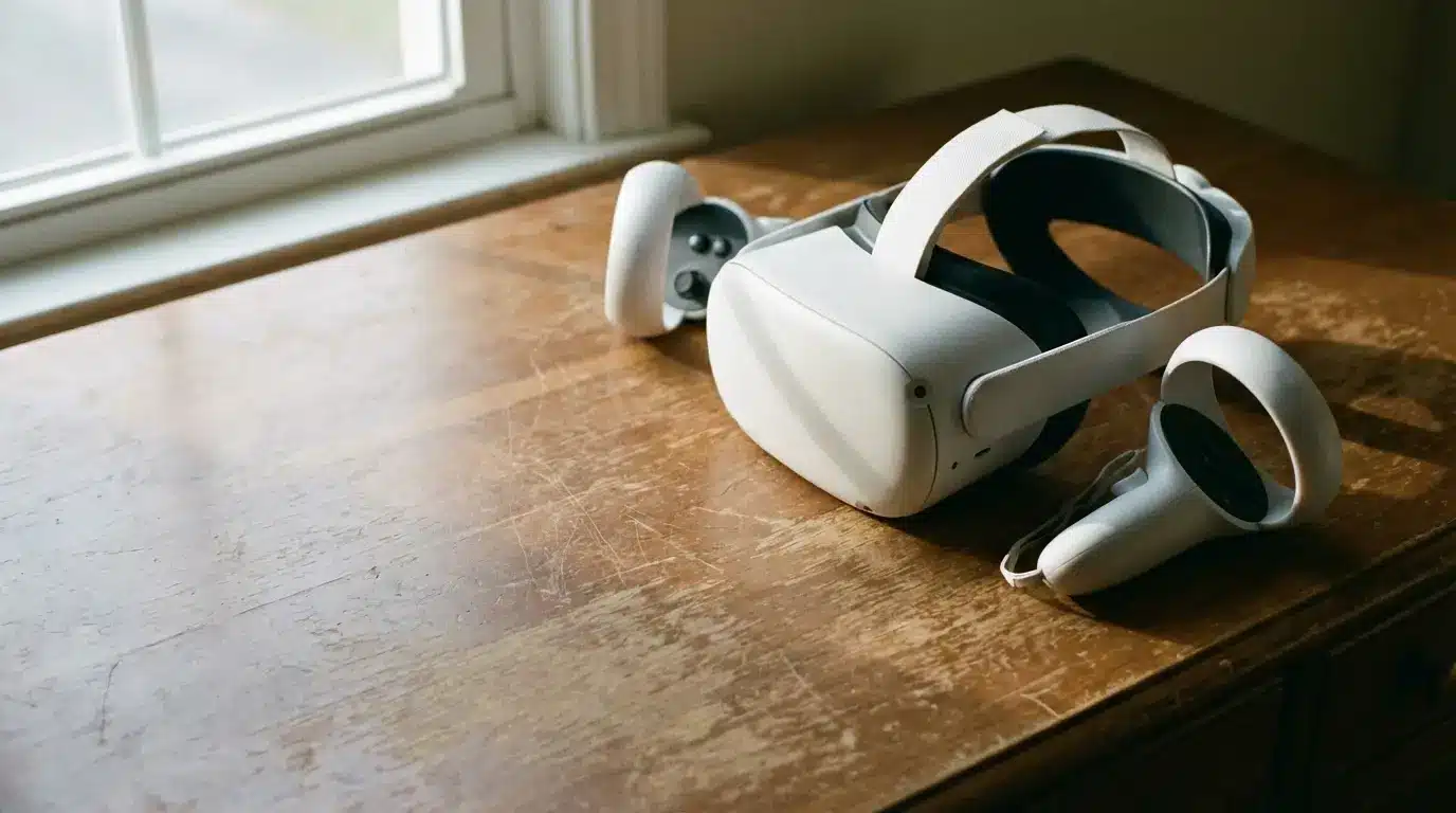 Virtual reality headset and controllers on wooden table near sunlit window