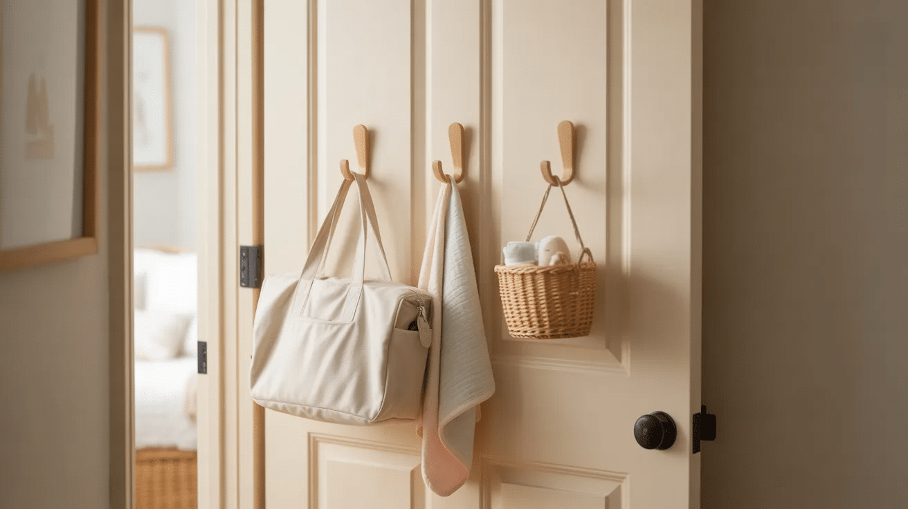wall hooks used on door for storage in small nursery