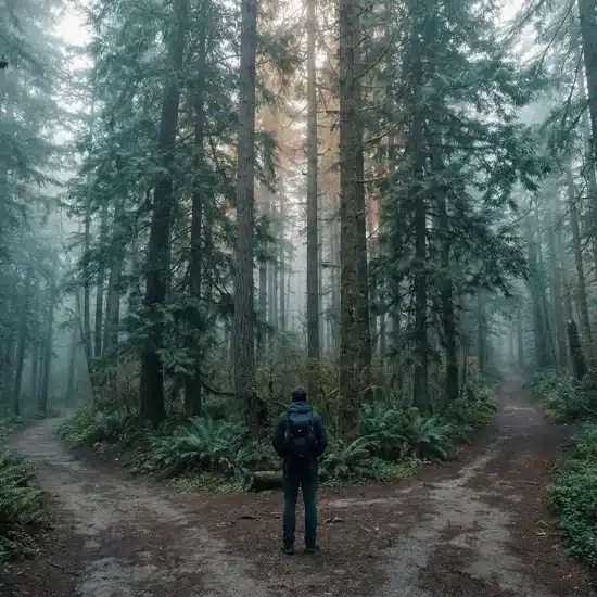 Person with backpack standing at a forked trail in misty forest with tall trees