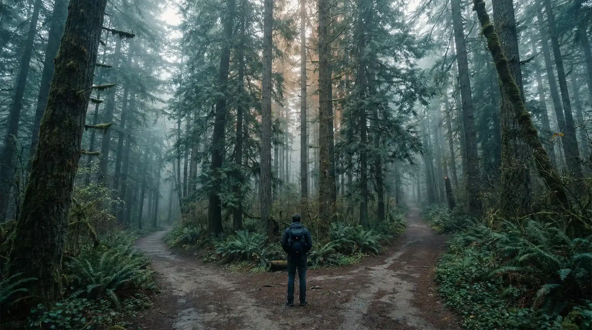 Person with backpack standing at a forked trail in misty forest with tall trees