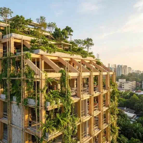 Wooden building with lush green terraces surrounded by urban cityscape at sunrise
