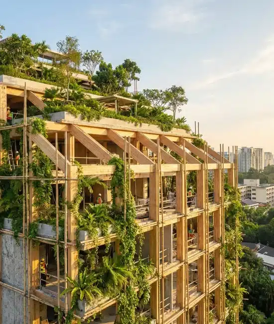 Wooden building with lush green terraces surrounded by urban cityscape at sunrise