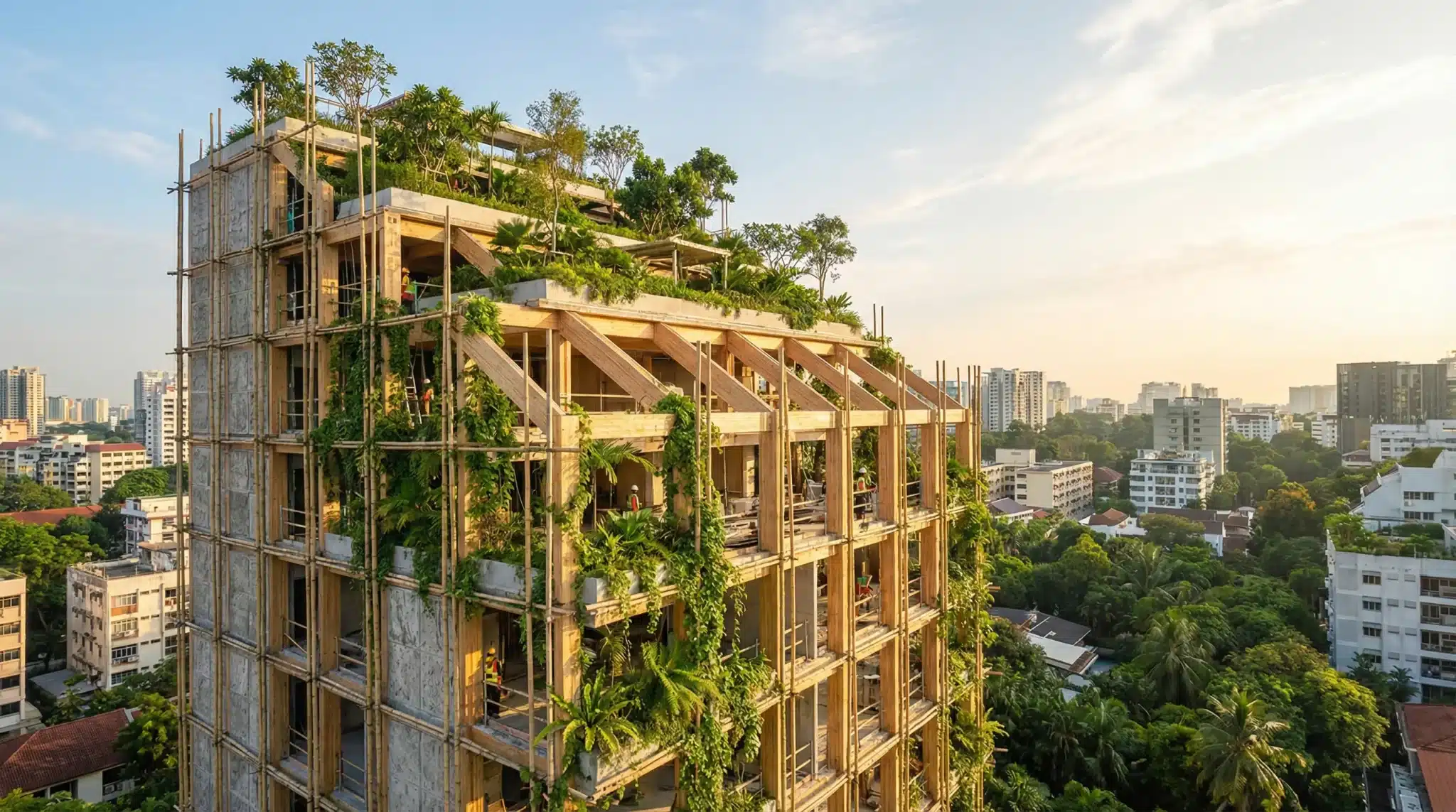 Wooden building with lush green terraces surrounded by urban cityscape at sunrise