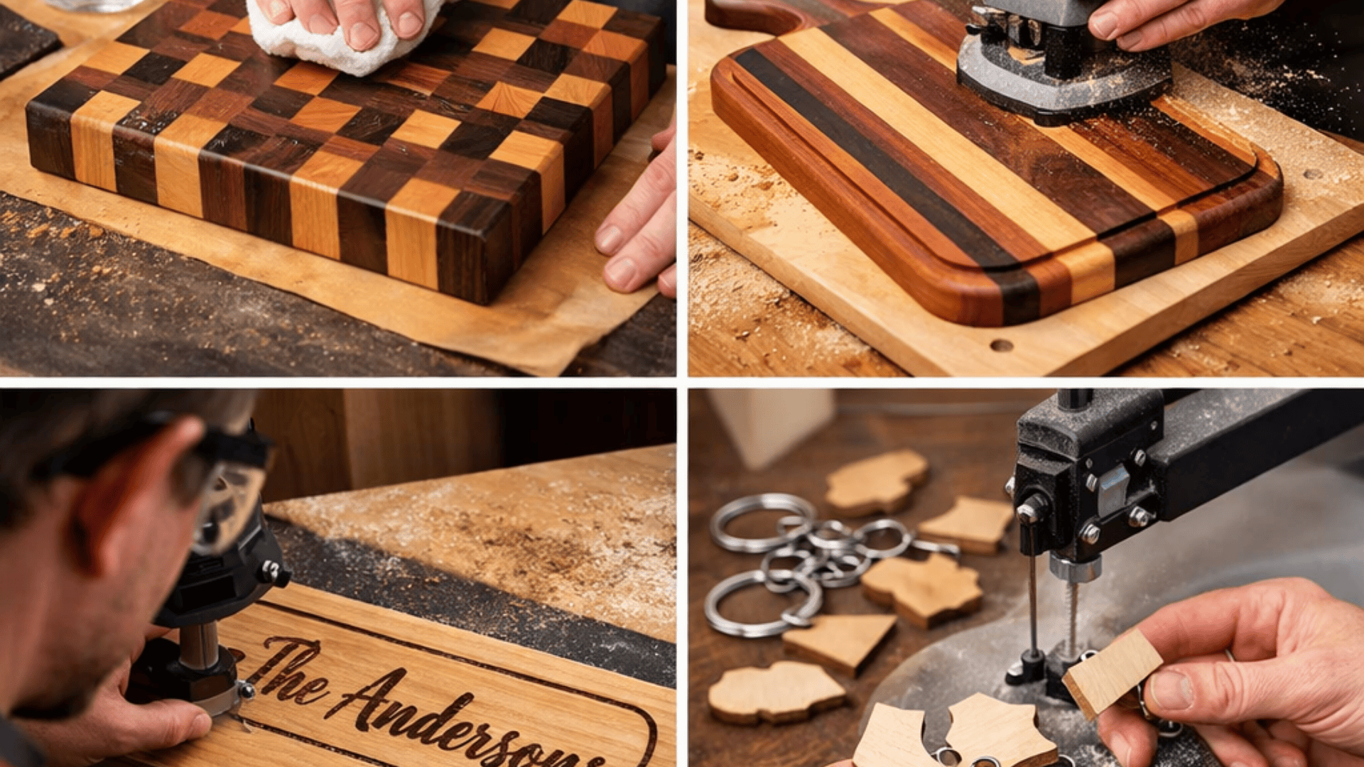 169 collage of artisans crafting wood items sanding cutting board, routing charcuterie board, engraving sign, cutting keychains