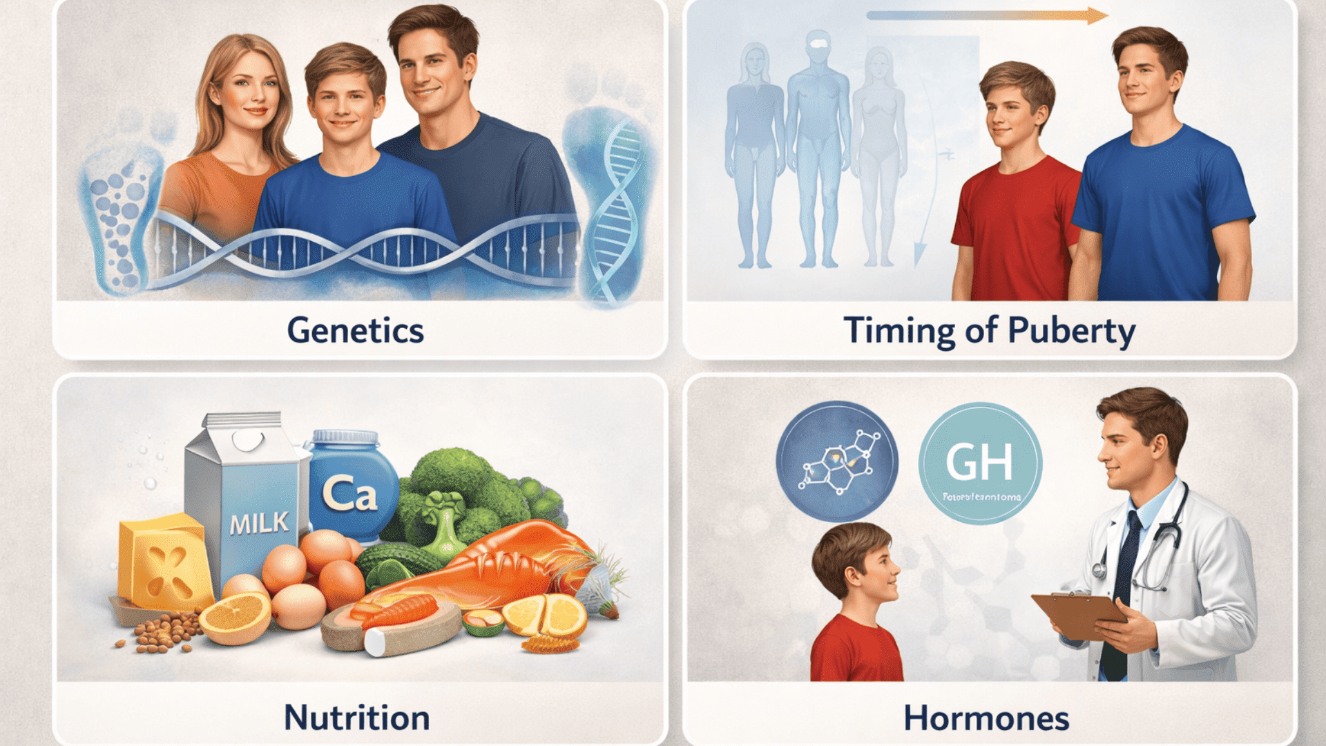 4-panel infographic showing factors affecting boys’ foot growth genetics, puberty timing, nutrition, and hormones in a clean layout.
