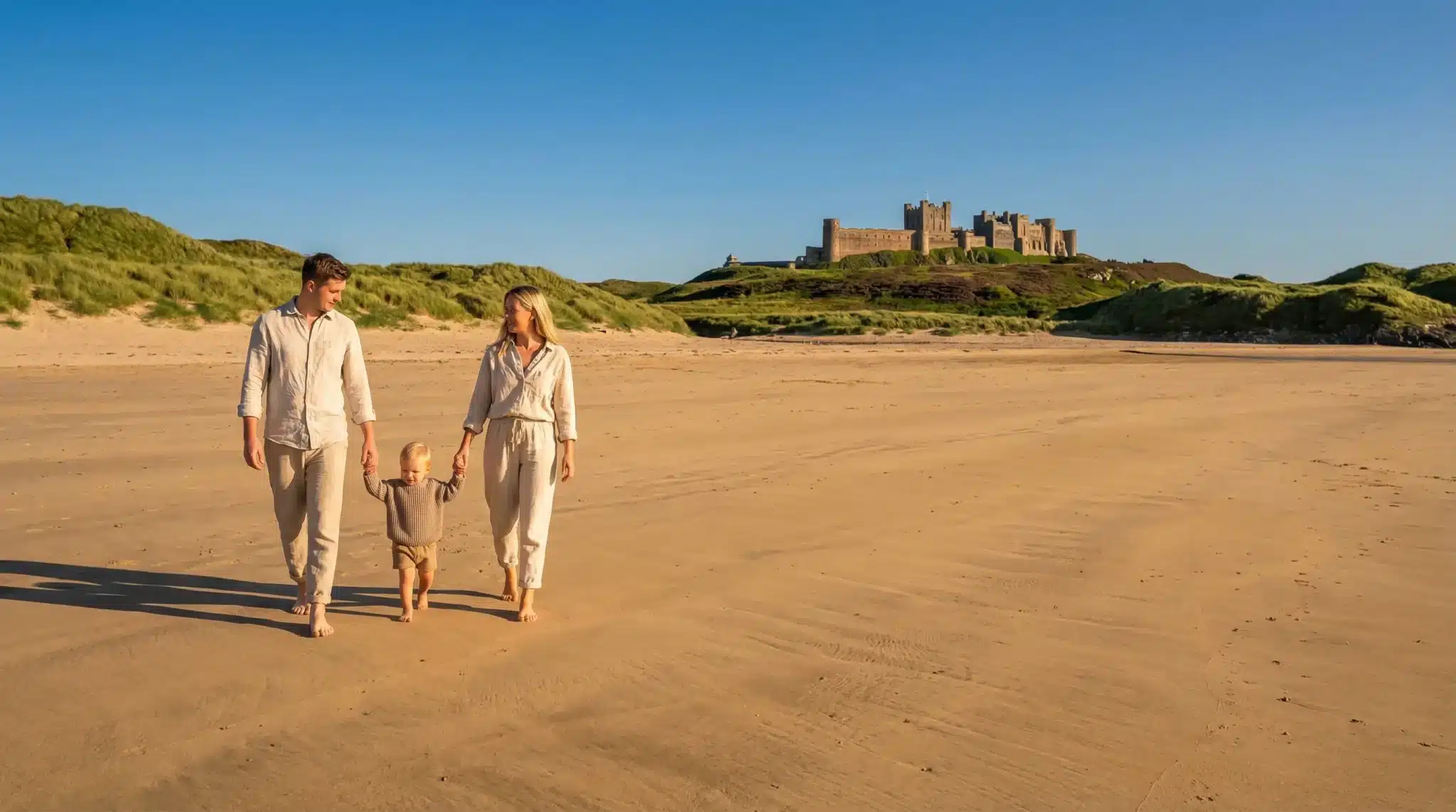 Family walking on sandy beach with castle on hill in background under clear blue sky