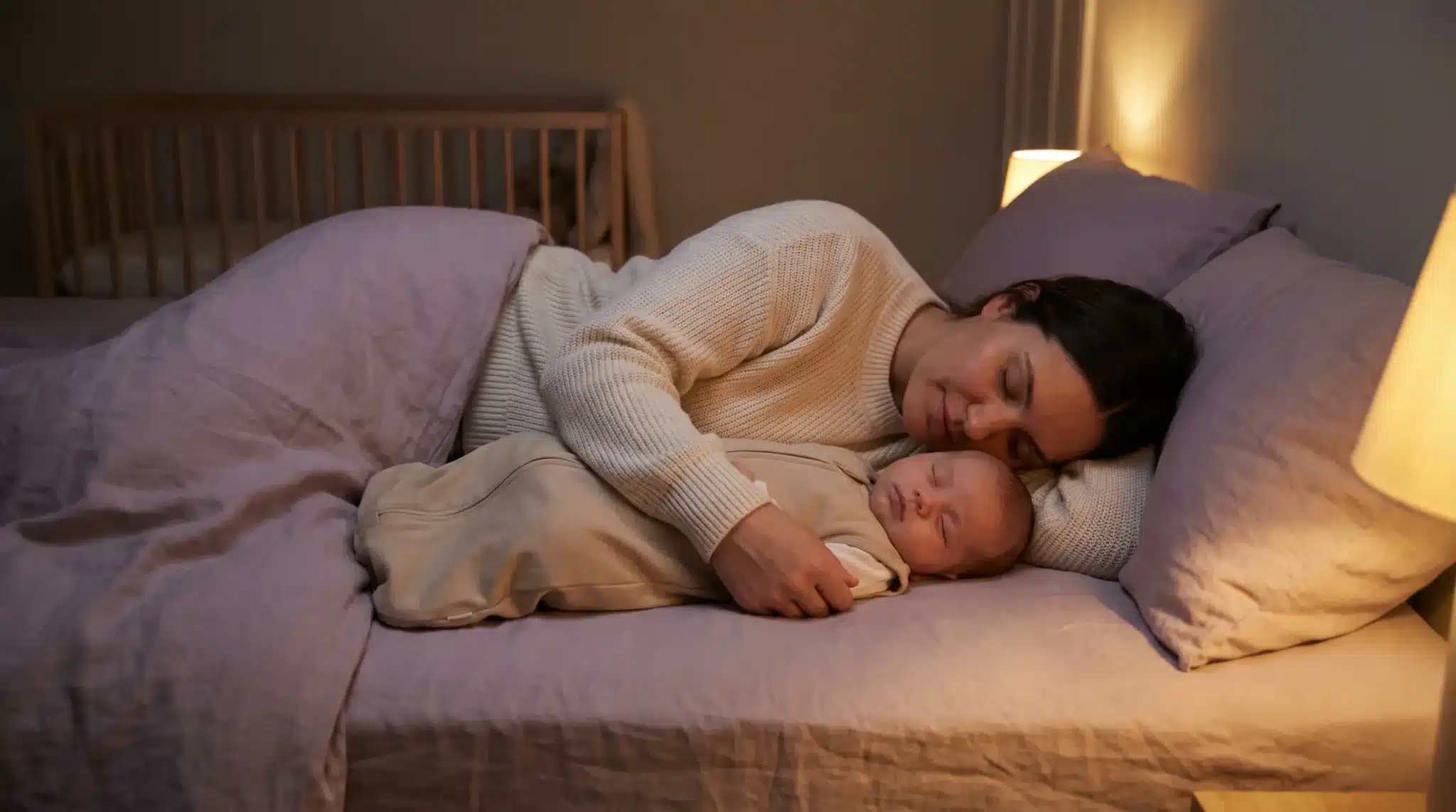 Mother and baby sleeping together in softly lit bedroom with crib in background