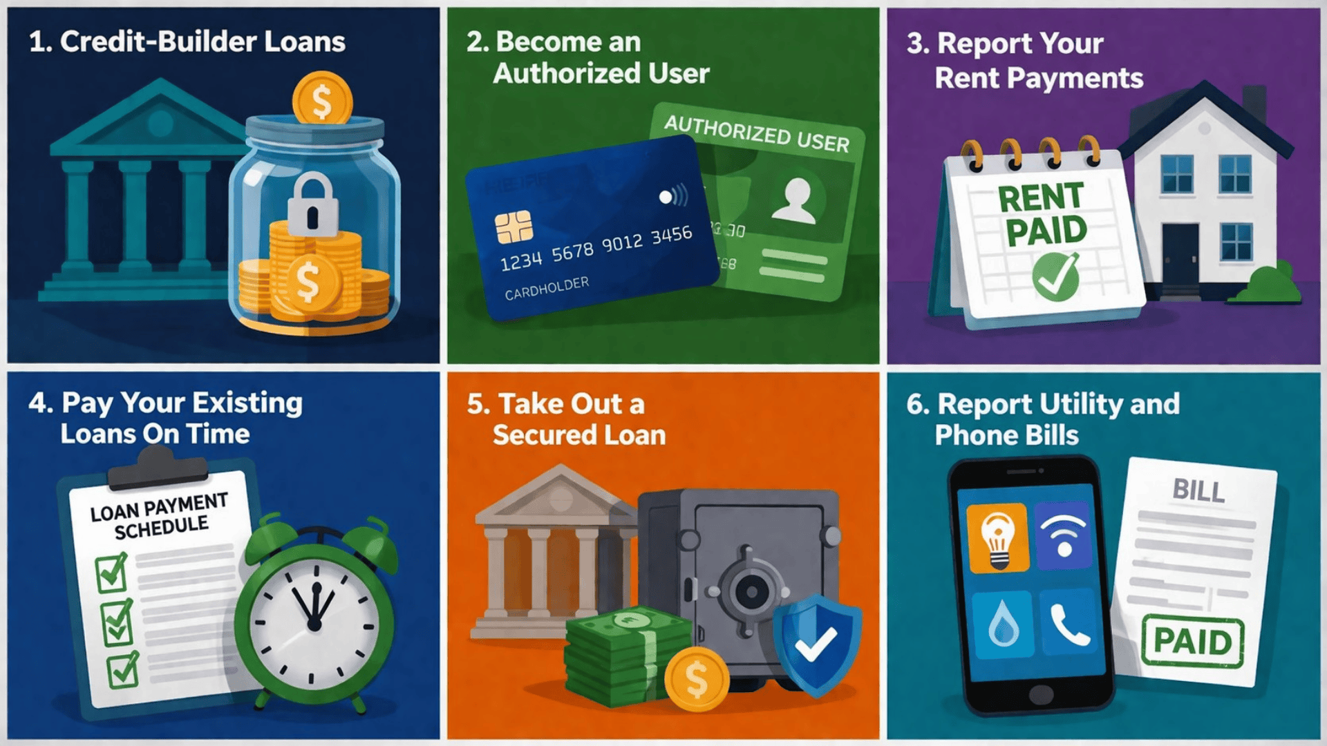 6 ways to build credit credit-builder loans, authorized user, rent payments, on-time loans, secured loan, utility bills.