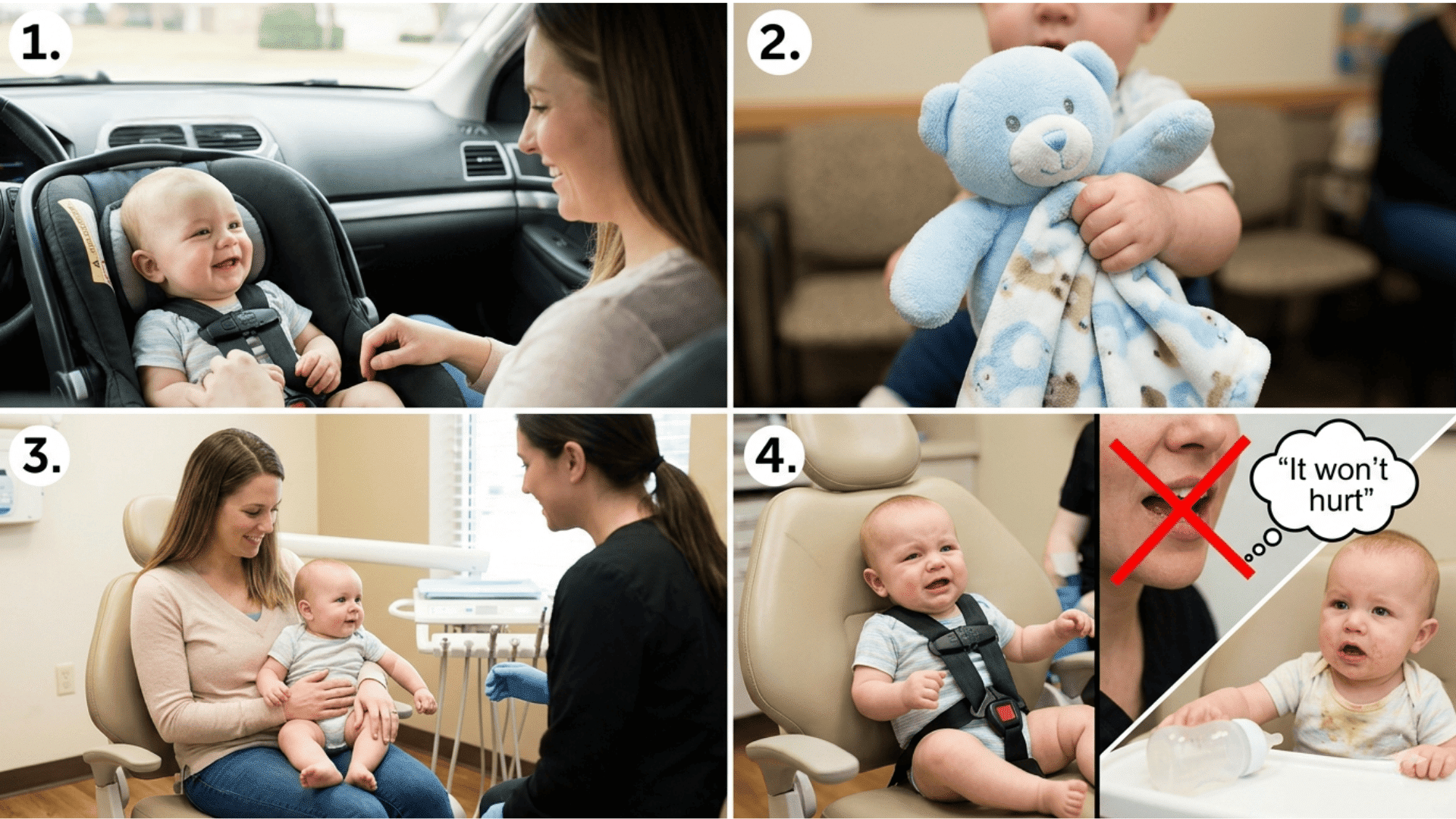 A 4-panel guide showing tips for a baby's first dental visit morning appointment, comfort items, calm parents, and what to avoid.
