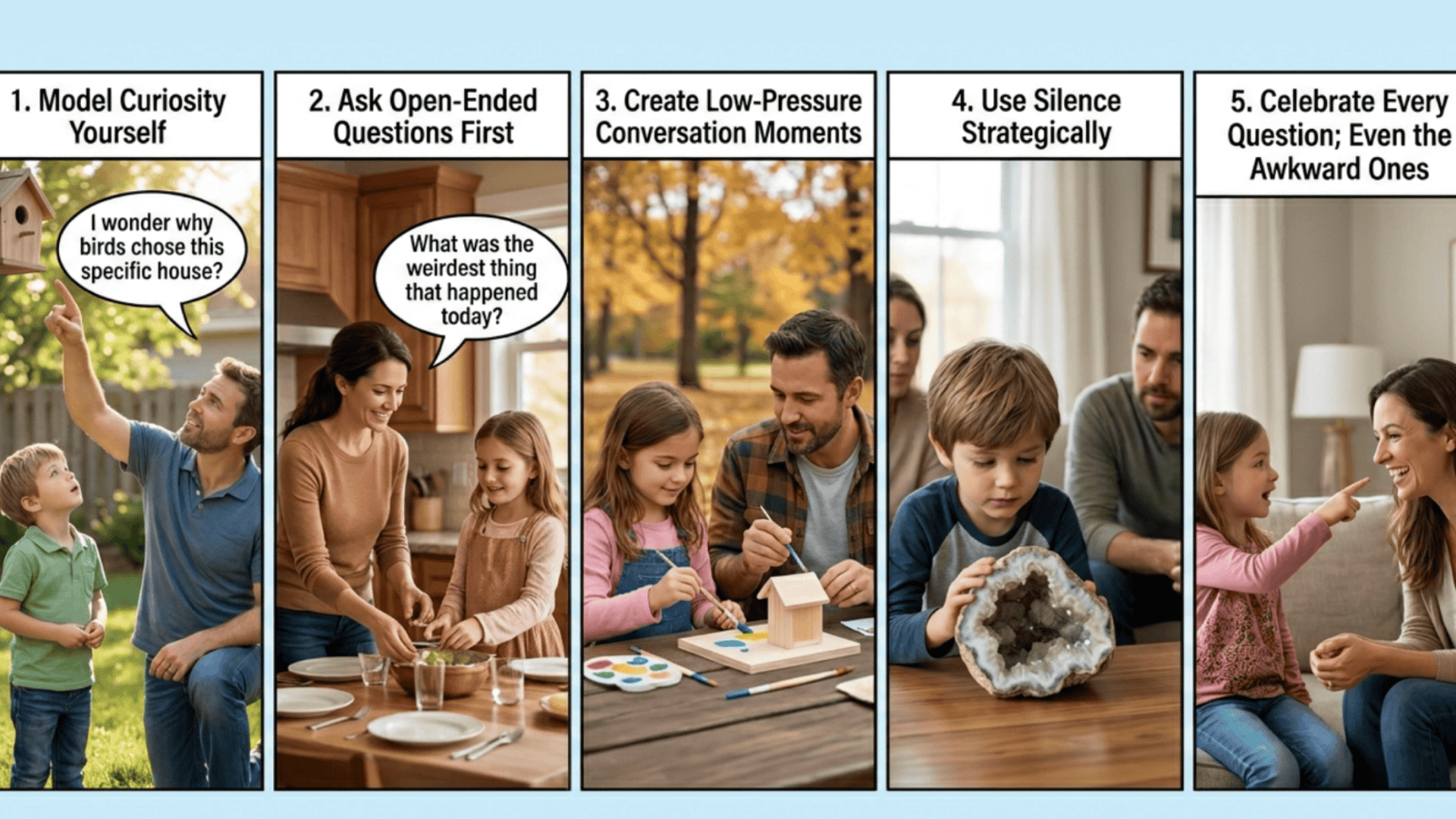 A 5-panel guide 1. Man & boy with birdhouse; 2. Woman & girl at table; 3. Family painting; 4. Family with geode; 5. Woman & girl on sofa