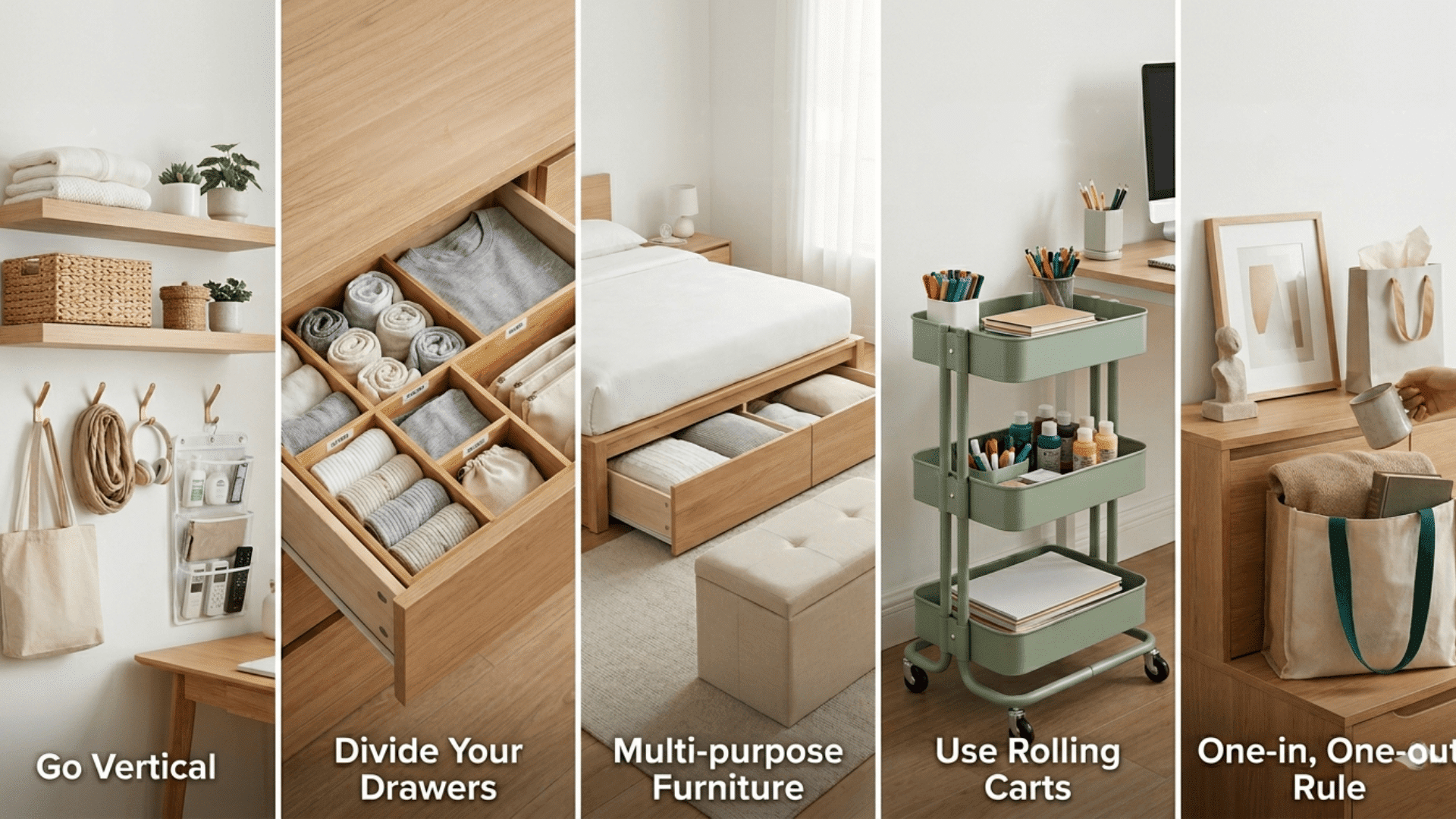 A collage of five minimalist home organization tips floating shelves, drawer dividers, under-bed storage, a rolling cart, and decluttering.