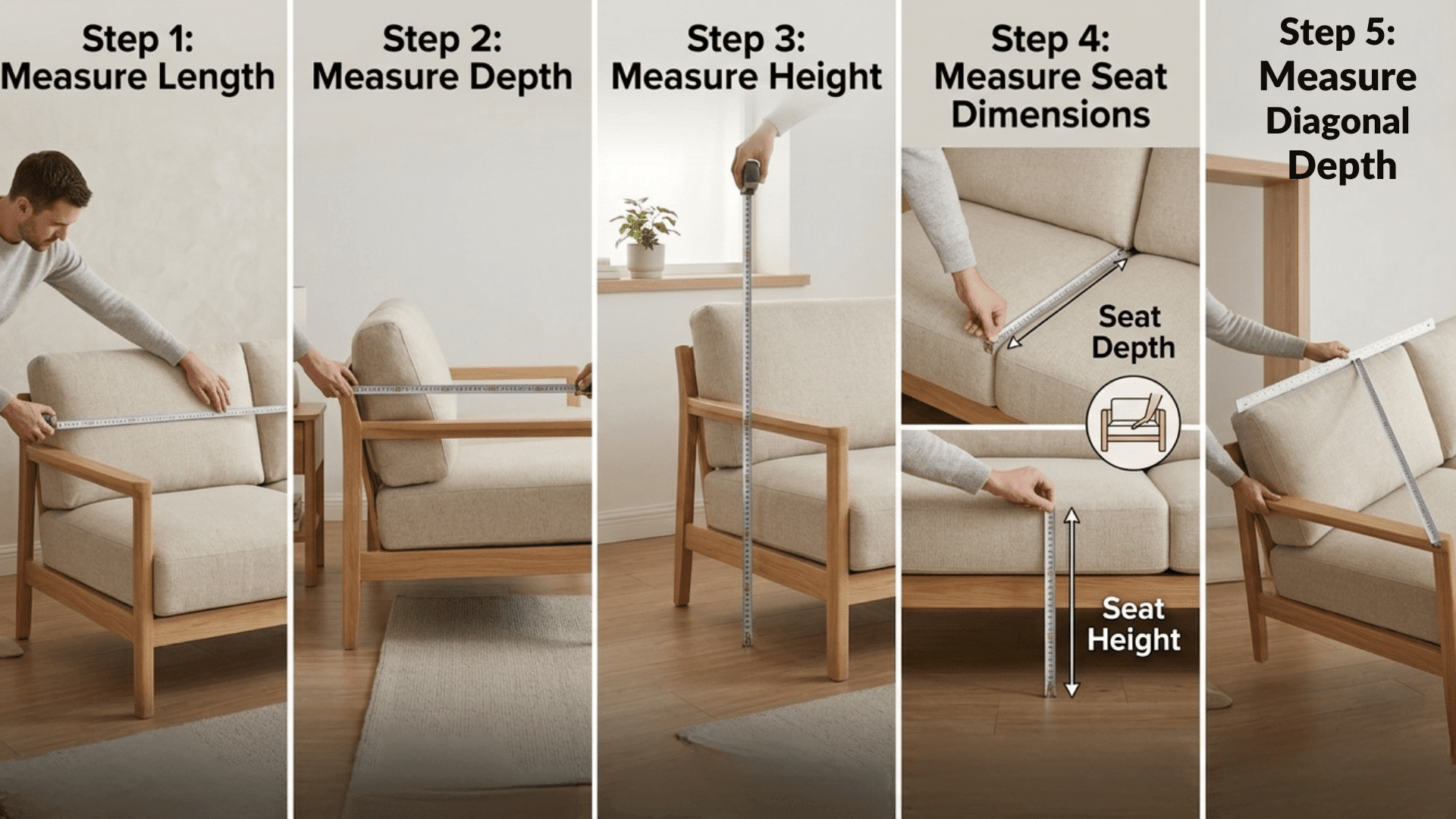 A five-panel photorealistic guide showing how to measure a modern wood-frame couch's length, depth, height, seat, and diagonal.