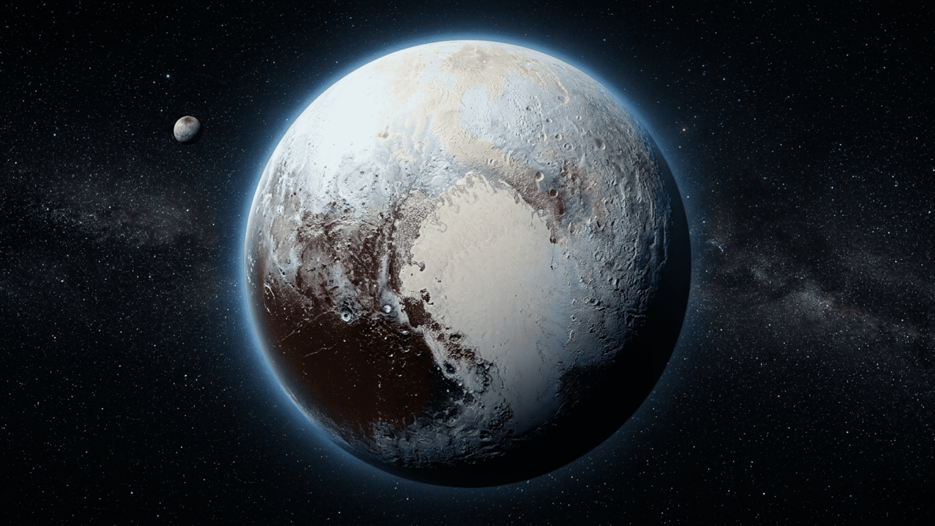 A realistic 8K space view of Pluto with its icy heart-shaped region, blue atmospheric haze, and stars in 169.