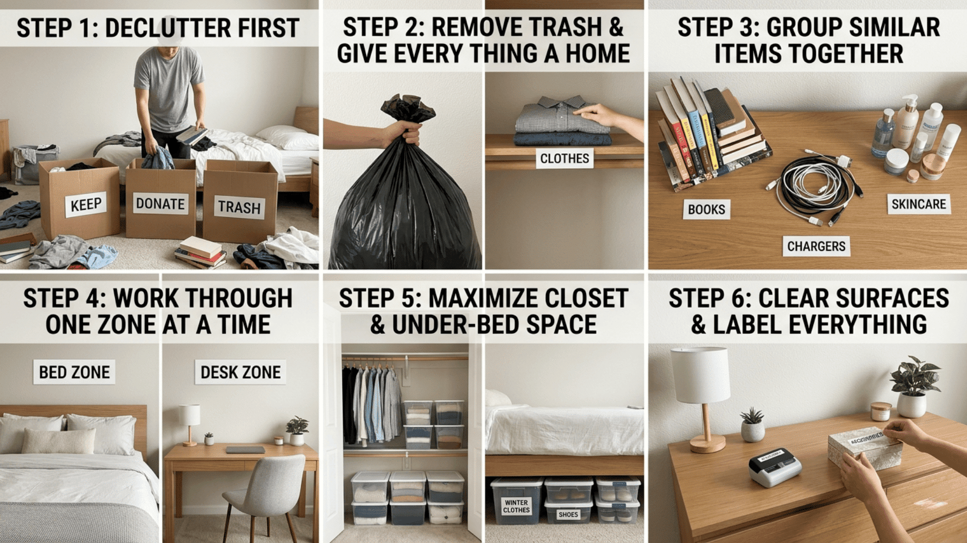 A six-panel photo collage detailing a step-by-step room organization guide, from decluttering to clear, labeled surfaces.
