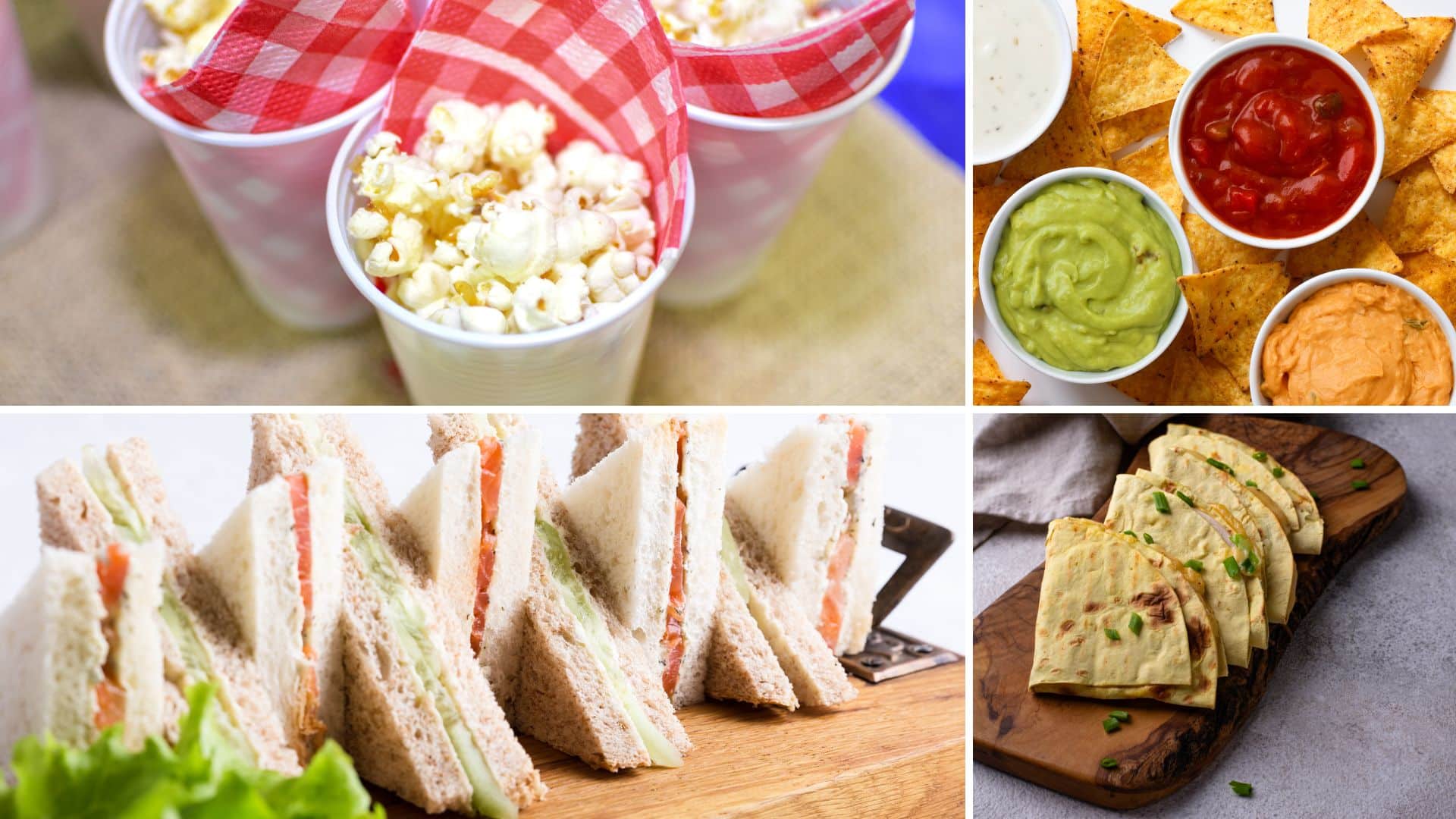 Affordable kids birthday party food ideas budget including popcorn cups, chips with dips, mini sandwiches, and quesadillas for easy party snacks