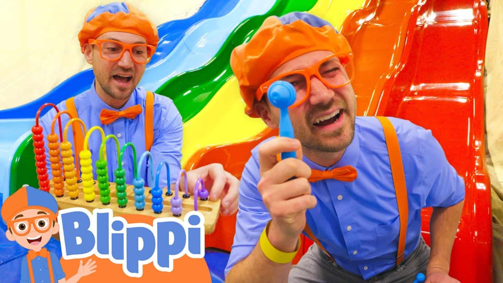 Blippi exploring colorful playground toys and learning tools, one of the best educational shows for kids that teaches numbers, colors, and problem solving