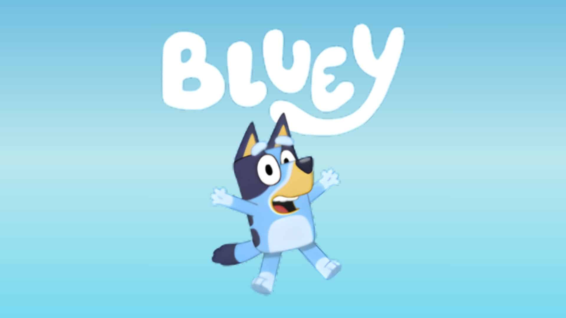 Bluey cartoon character jumping happily under the Bluey logo, one of the best educational shows for kids teaching family values, creativity, and play
