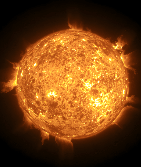 Brilliant, textured orange sphere representing the Sun emitting flares against a solid black background