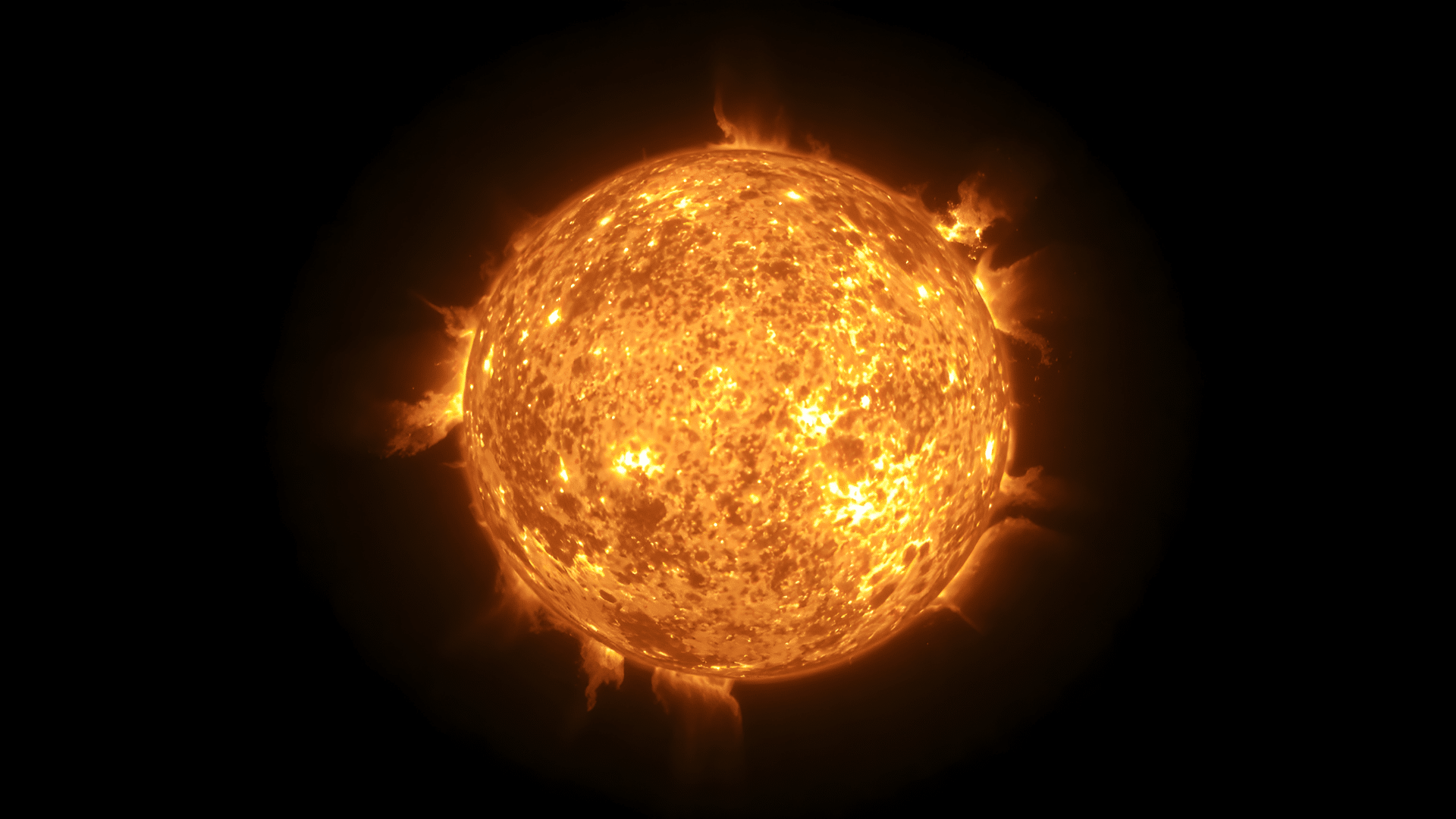 Brilliant, textured orange sphere representing the Sun emitting flares against a solid black background
