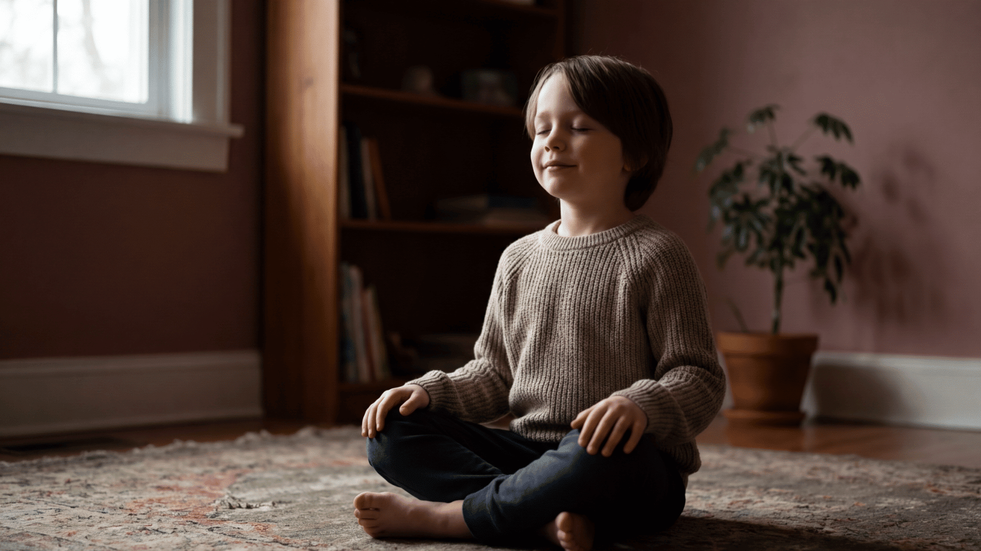 Calm child sitting peacefully showing emotional control, confidence, and awareness