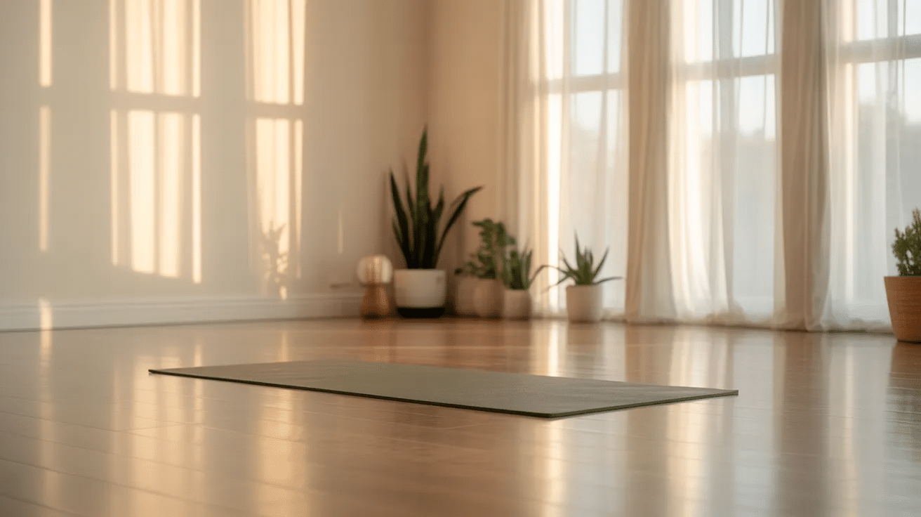 Calm spare bedroom set up for yoga with open space, mat, plants, and soft lighting