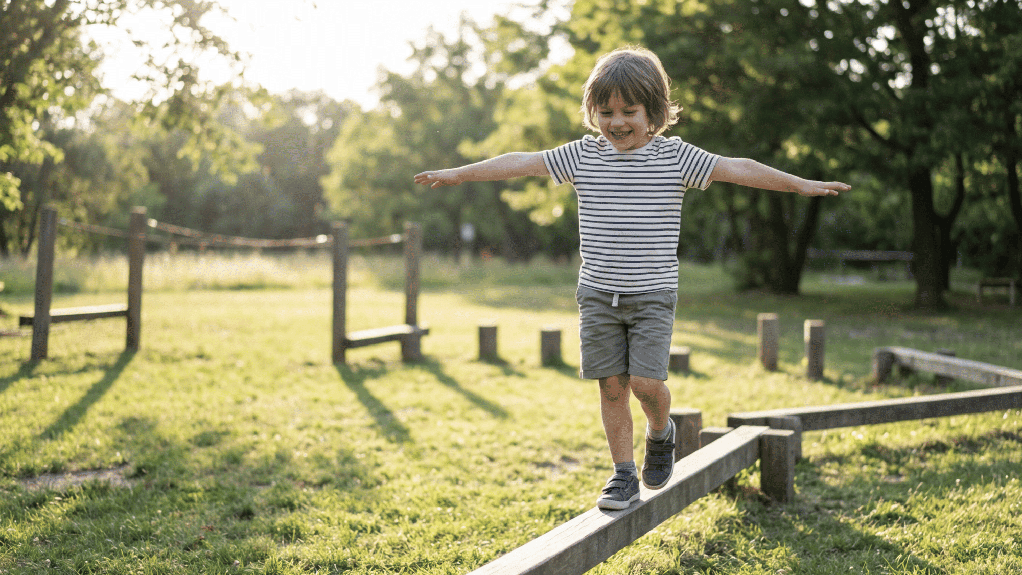 Child balancing and running showing coordination and strong physical motor skills