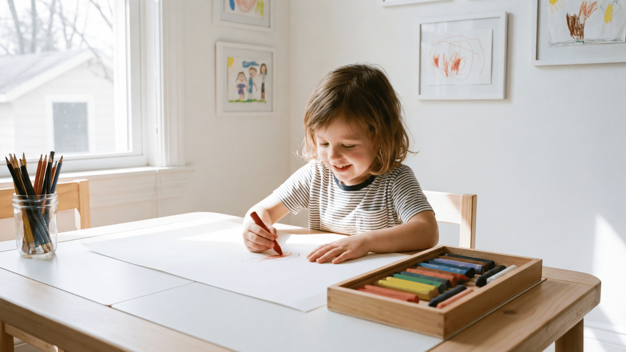 Child drawing with crayons showing creativity, imagination, and artistic skills