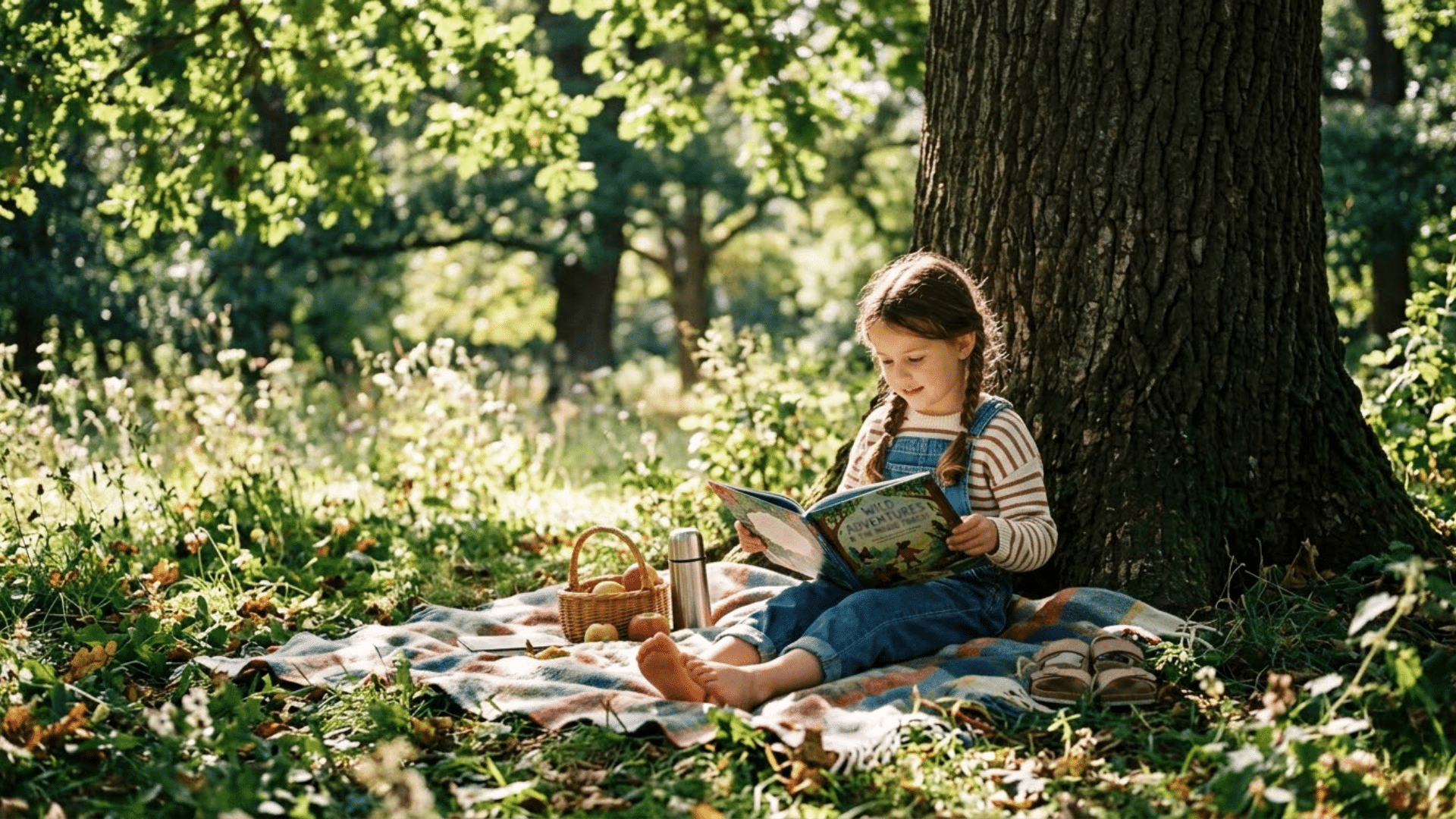 Child reading a book under a tree with sunlight, creating a calm and inspiring learning moment