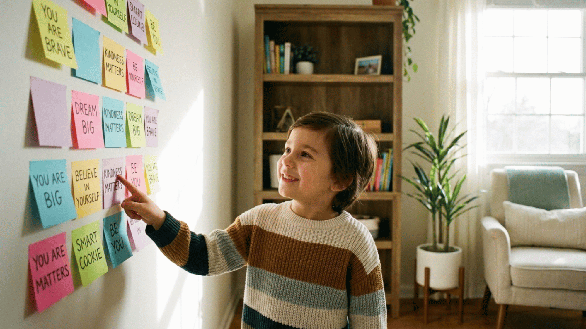 Child reading positive growth mindset phrases on sticky notes.