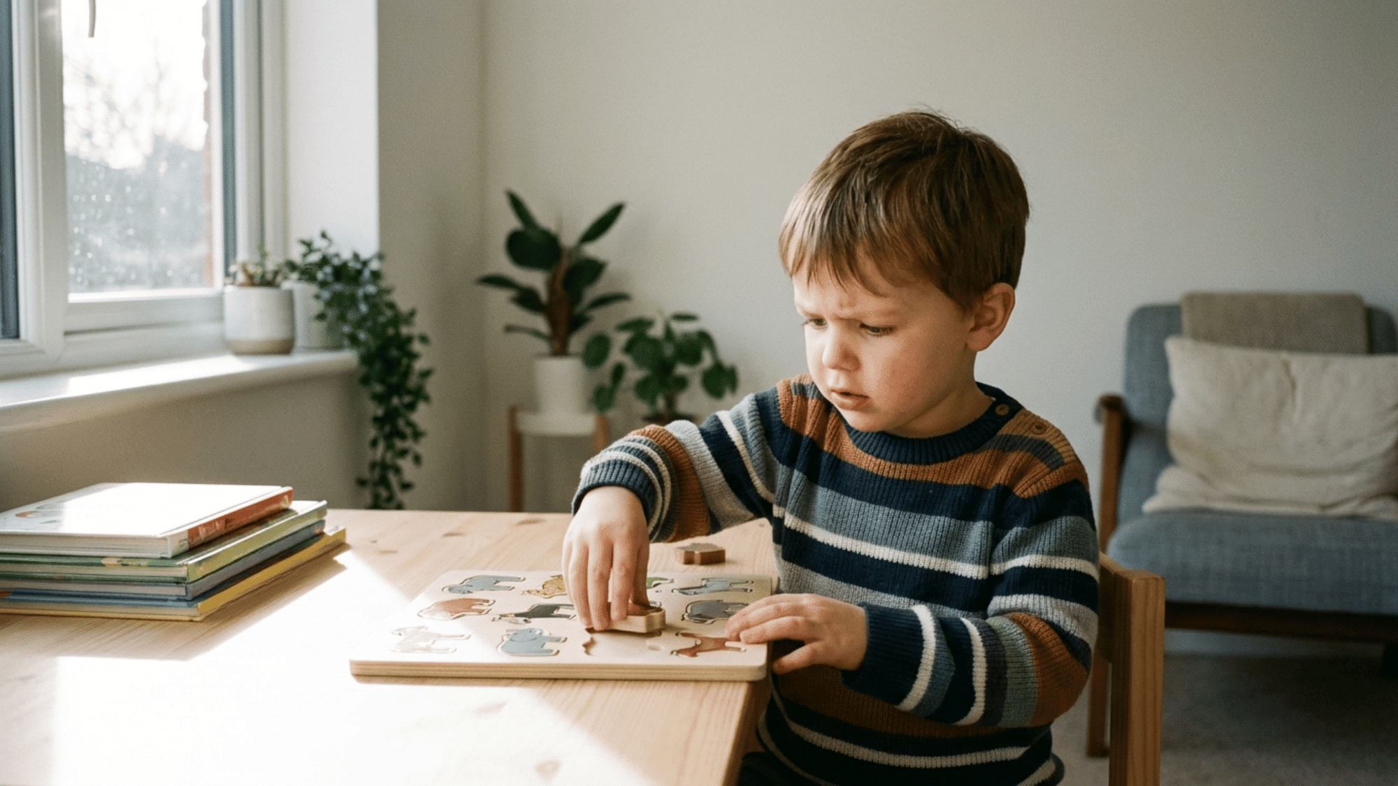 Child solving puzzle at table showing focus, learning, and thinking skills clearly
