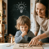 Child solving puzzle with encouragement, showing growth mindset learning at home.