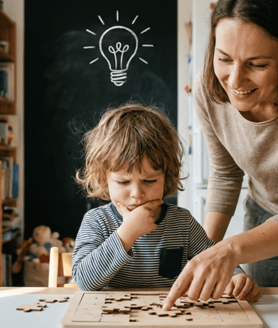 Child solving puzzle with encouragement, showing growth mindset learning at home.