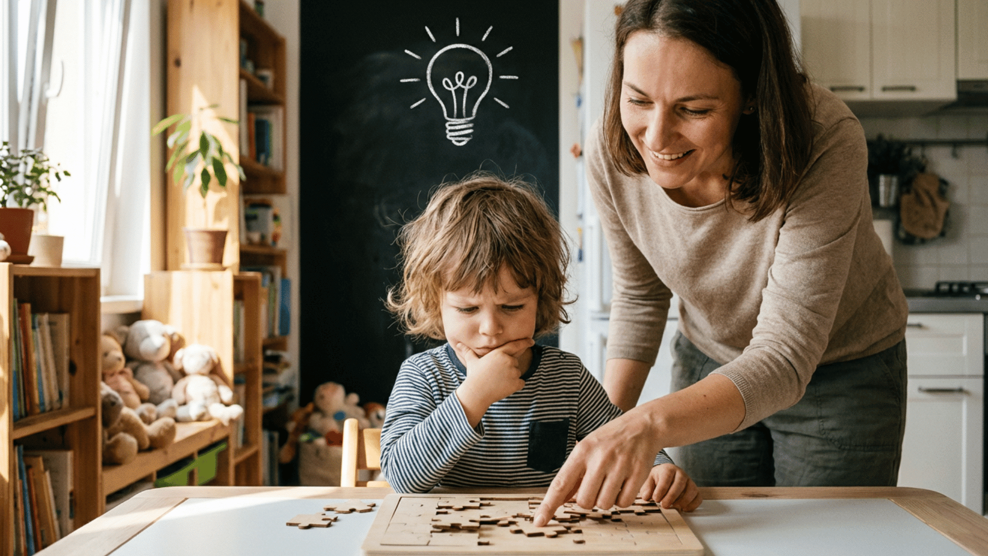Child solving puzzle with encouragement, showing growth mindset learning at home.
