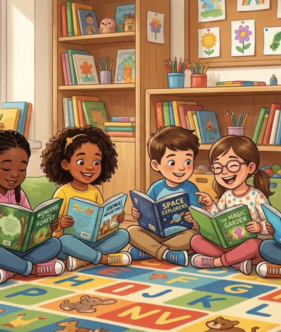 Children reading colorful books together in a bright classroom, smiling and enjoying learning time