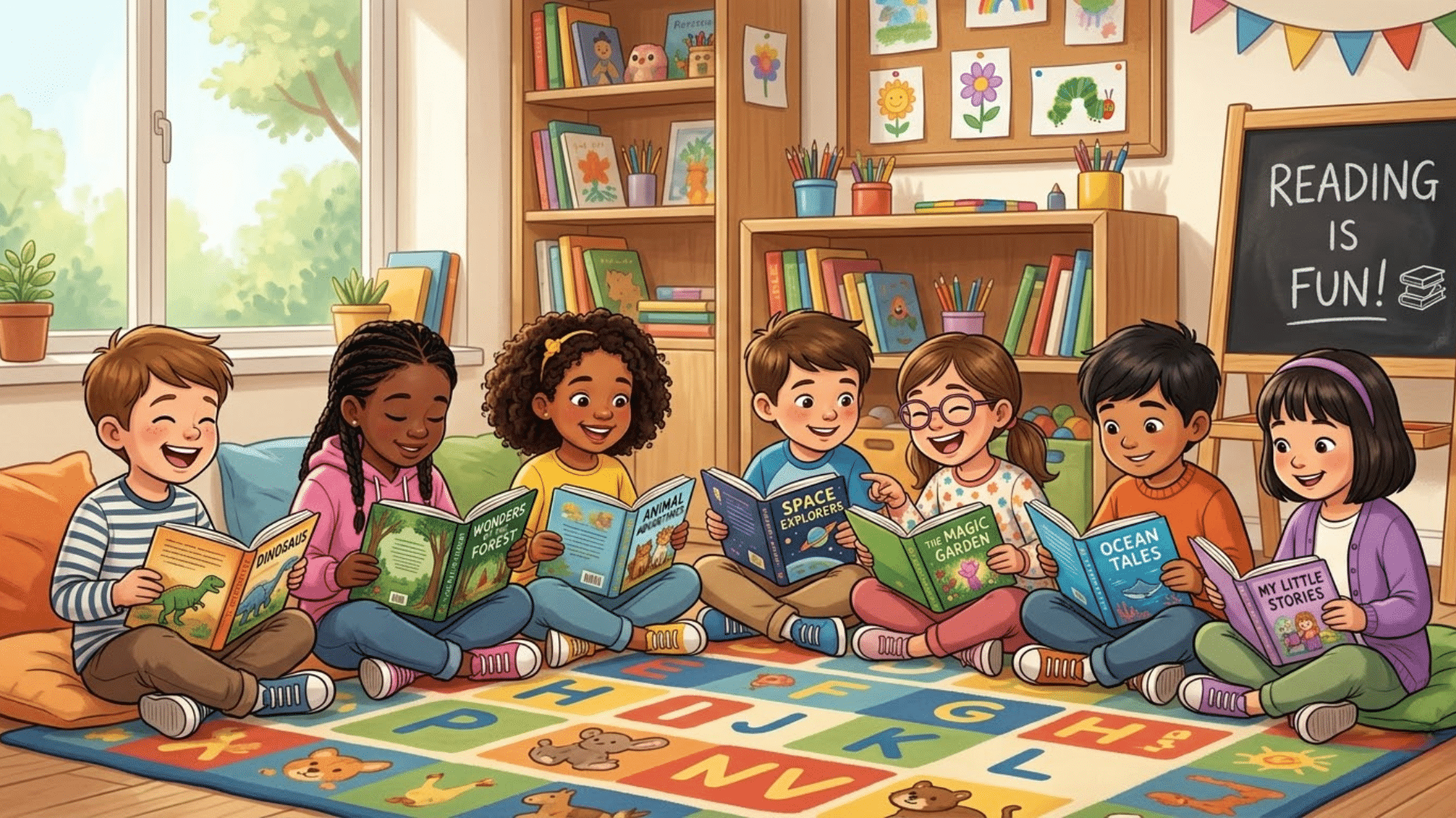 Children reading colorful books together in a bright classroom, smiling and enjoying learning time