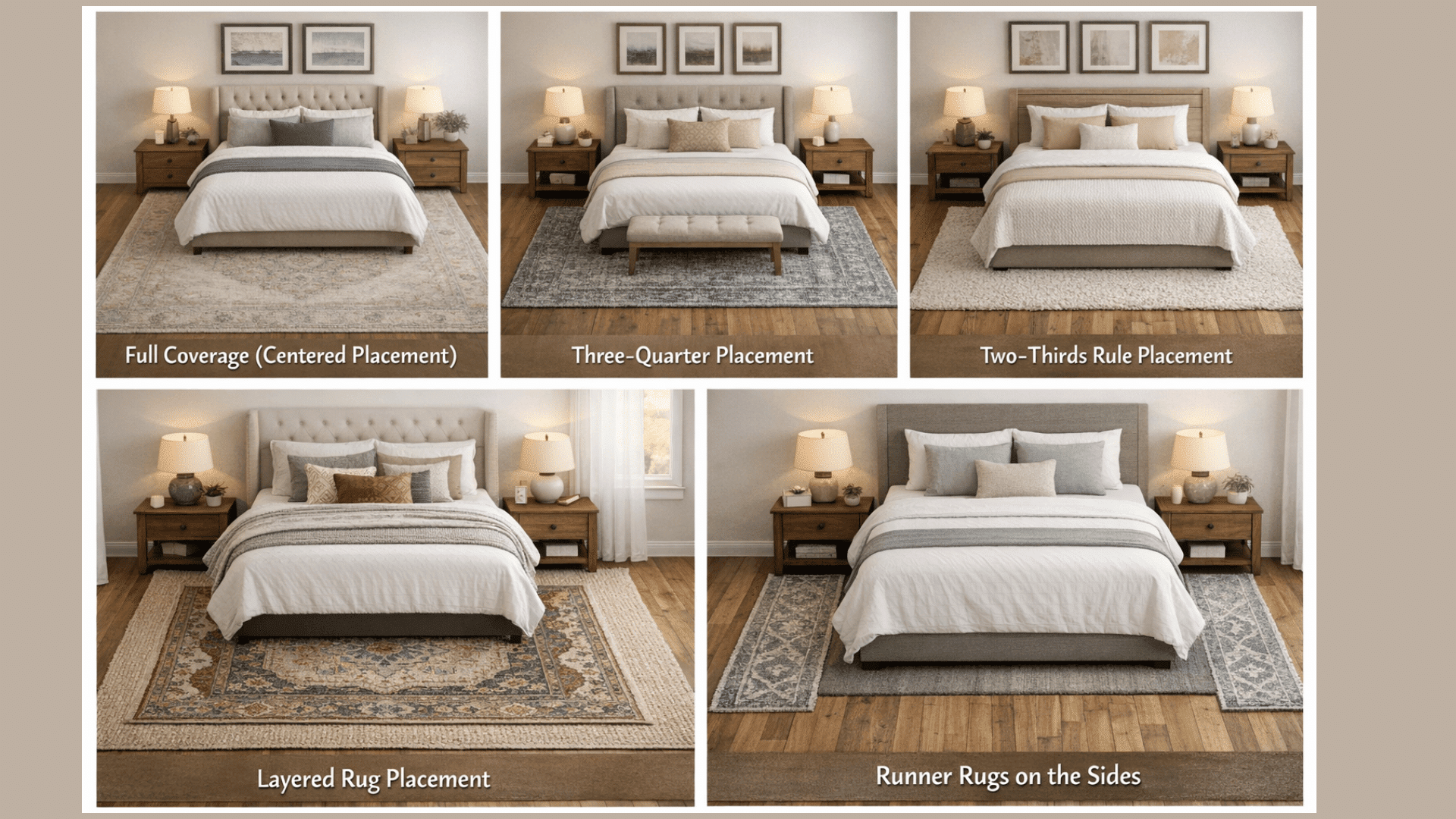 Collage of five bedroom setups showing rug placements under a queen bed full coverage, three-quarter, two-thirds, layered, and runners.