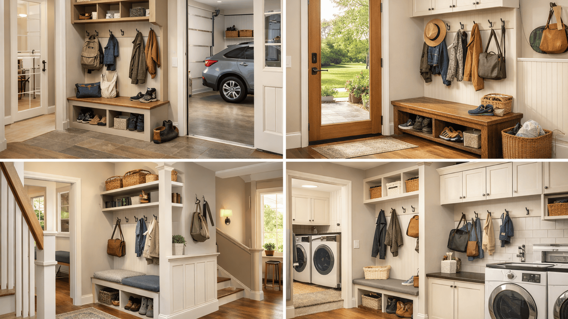 Collage of modern mudroom locations including garage entry, back door setup, hallway corner unit, and laundry-connected storage space