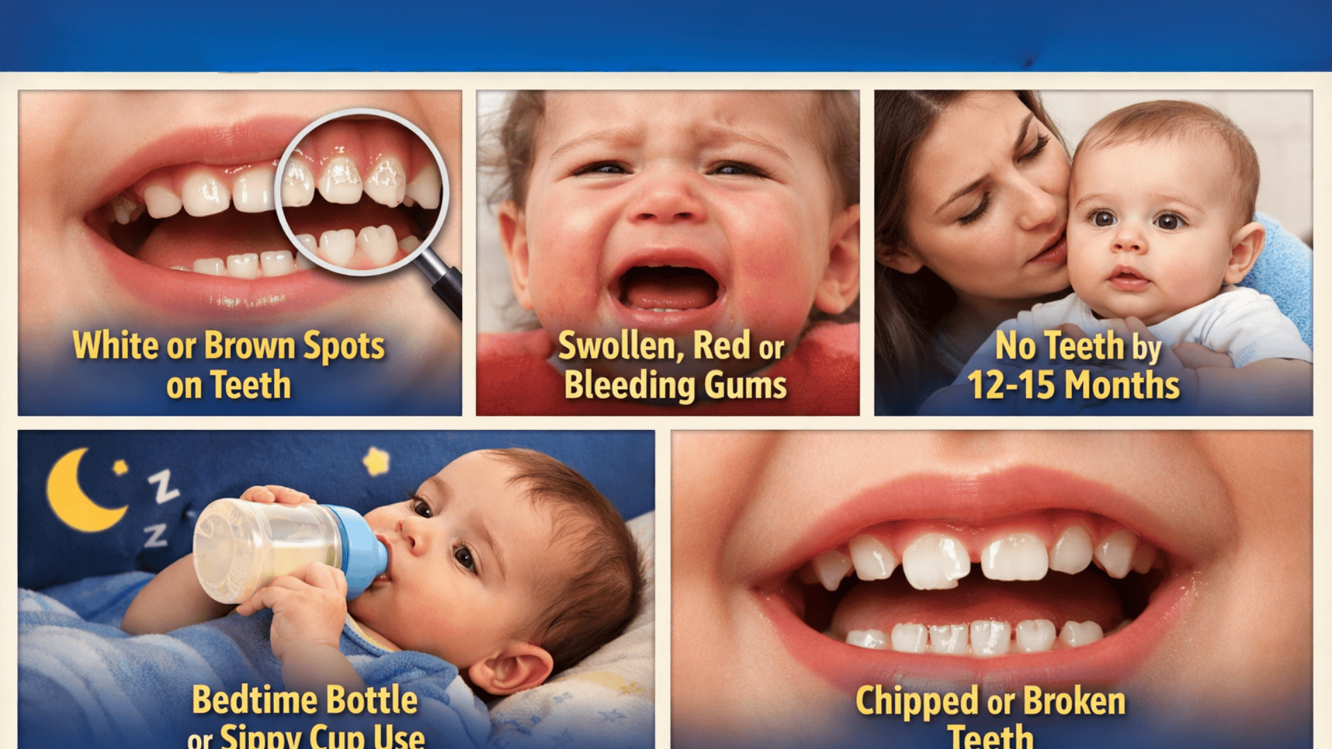 Collage showing 5 baby dental warning signs spots on teeth, swollen gums, no teeth by 12–15 months, bedtime bottle use, chipped teeth.